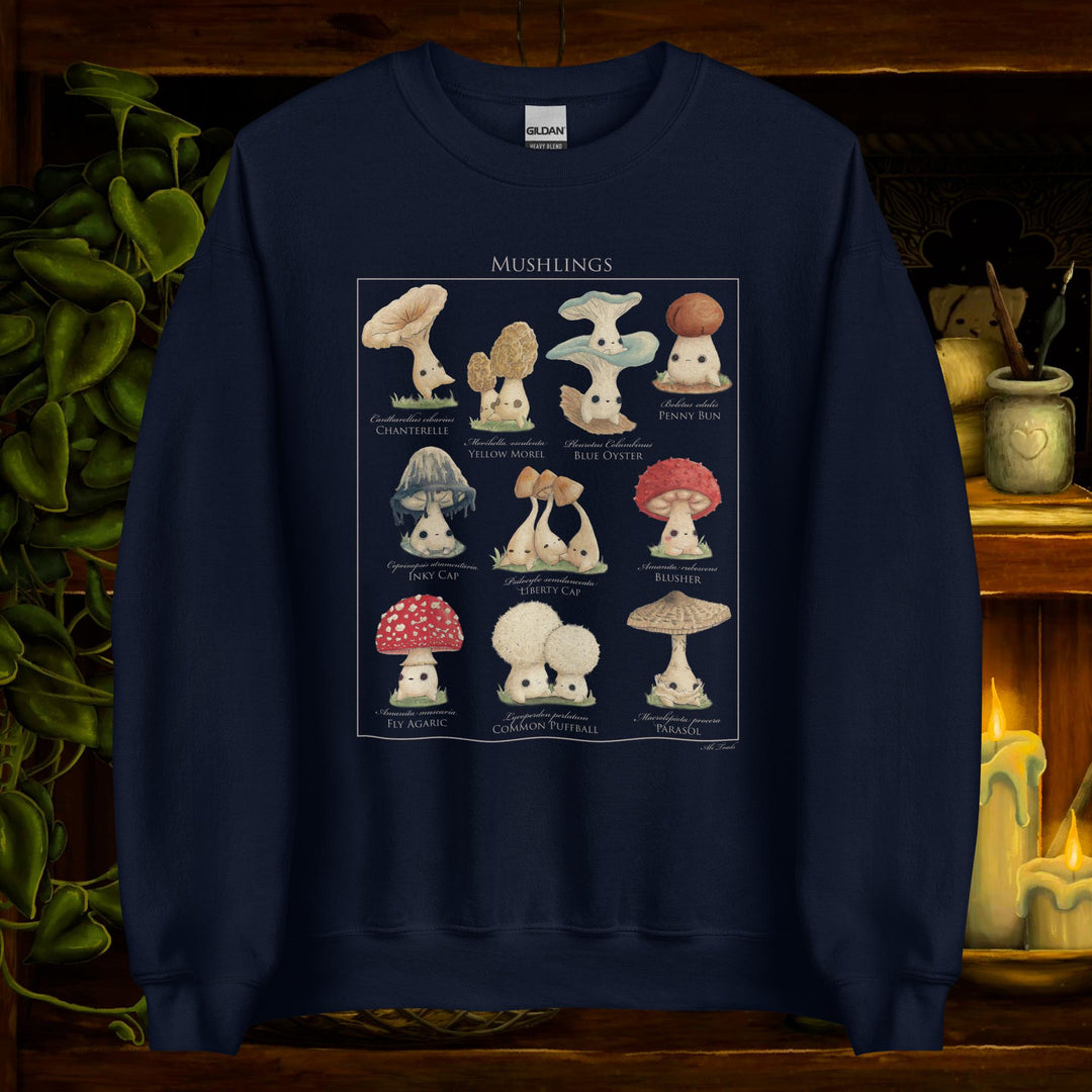 Product mockup of sweatshirt with cartoonish mushroom identification poster on the front