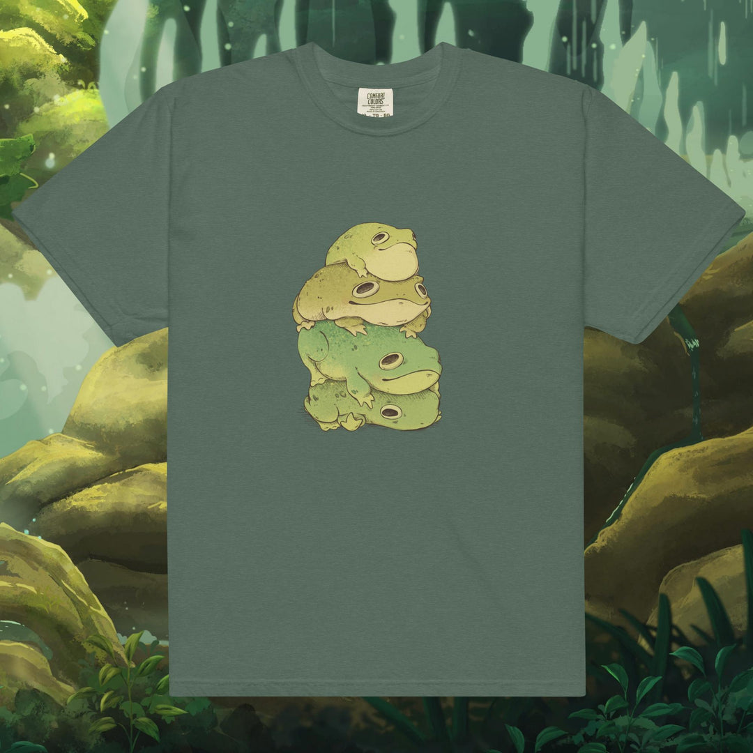 Product mockup of frogs stacked on top of each other on a tee shirt