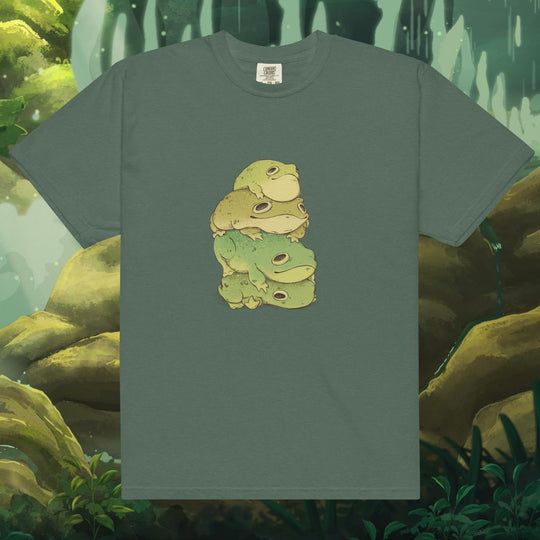 Product mockup of frogs stacked on top of each other on a tee shirt