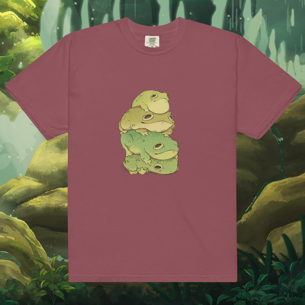 Product mockup of frogs stacked on top of each other on a tee shirt