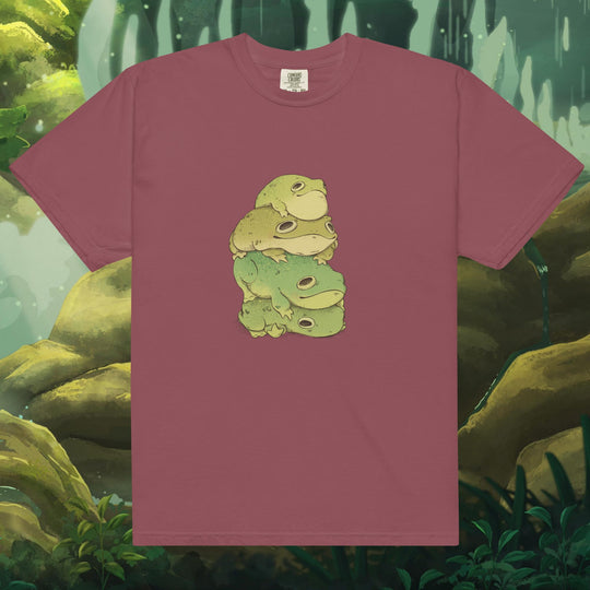 Product mockup of frogs stacked on top of each other on a tee shirt