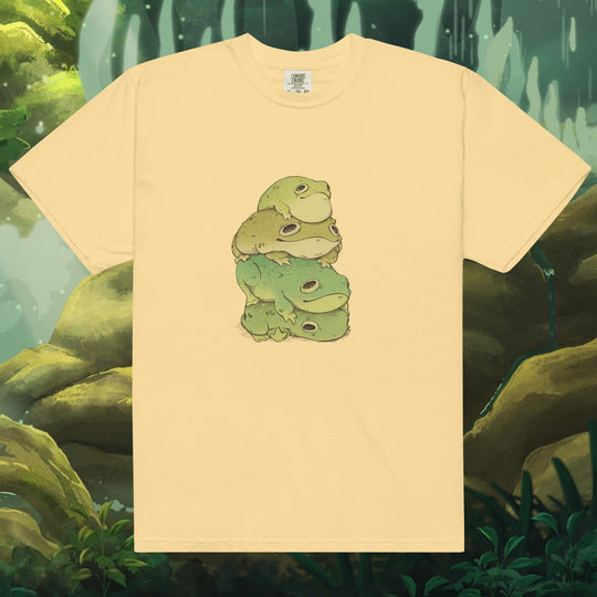 Product mockup of frogs stacked on top of each other on a tee shirt