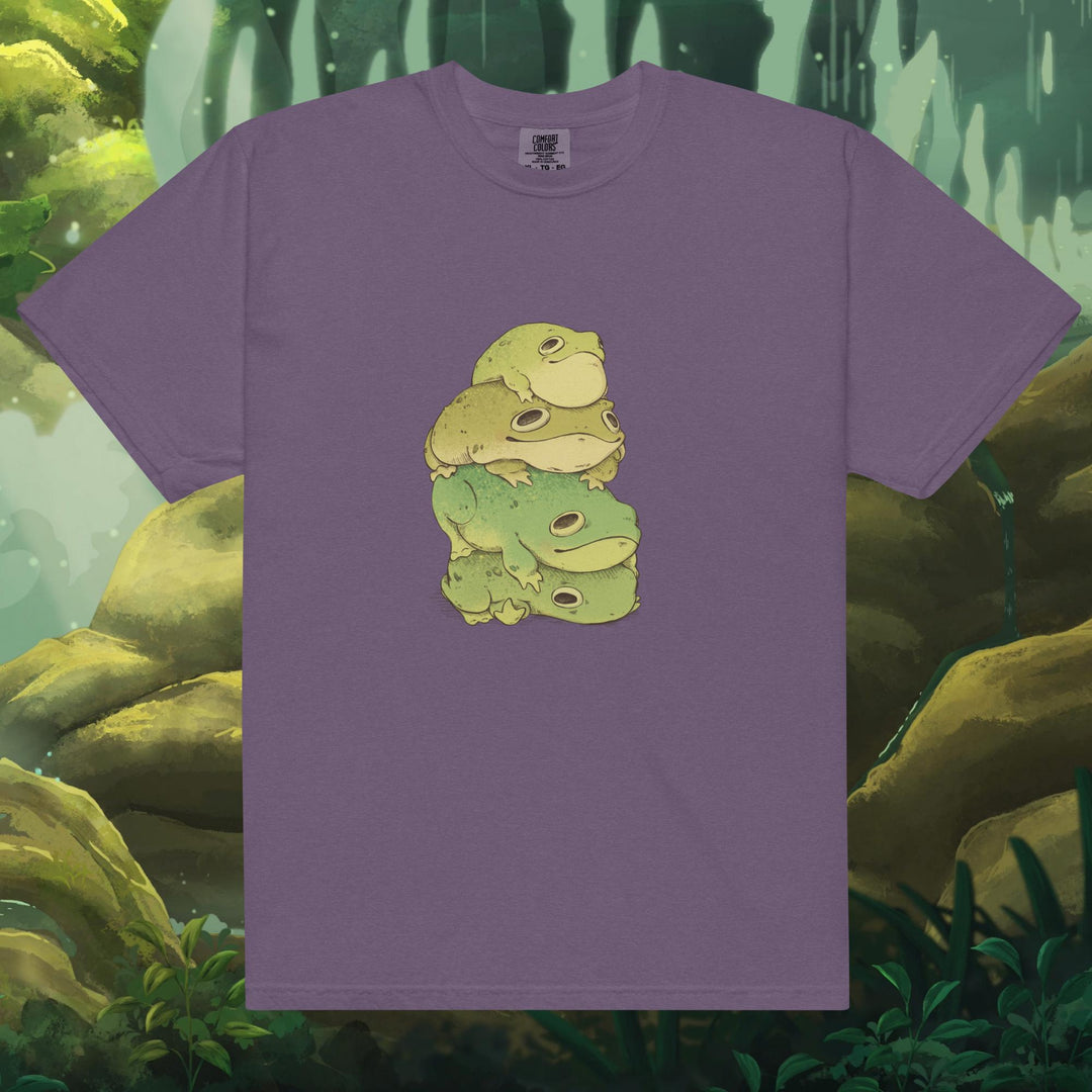 Product mockup of frogs stacked on top of each other on a tee shirt