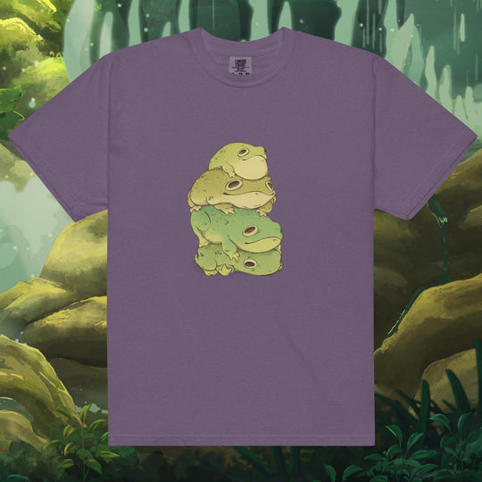 Product mockup of frogs stacked on top of each other on a tee shirt