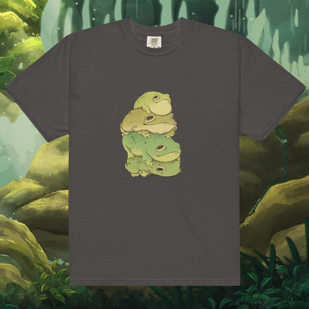 Product mockup of frogs stacked on top of each other on a tee shirt