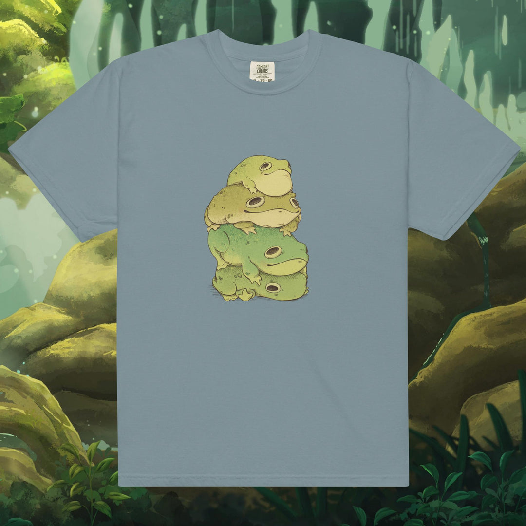 Product mockup of frogs stacked on top of each other on a tee shirt