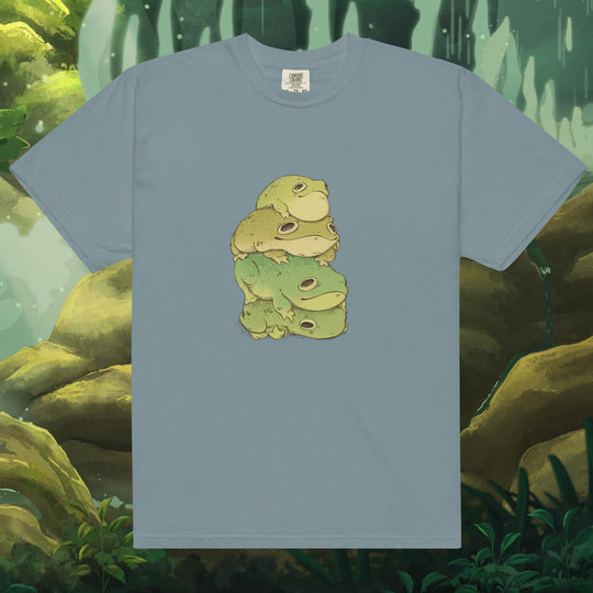 Product mockup of frogs stacked on top of each other on a tee shirt