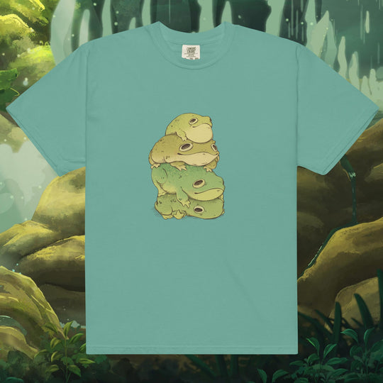 Product mockup of frogs stacked on top of each other on a tee shirt
