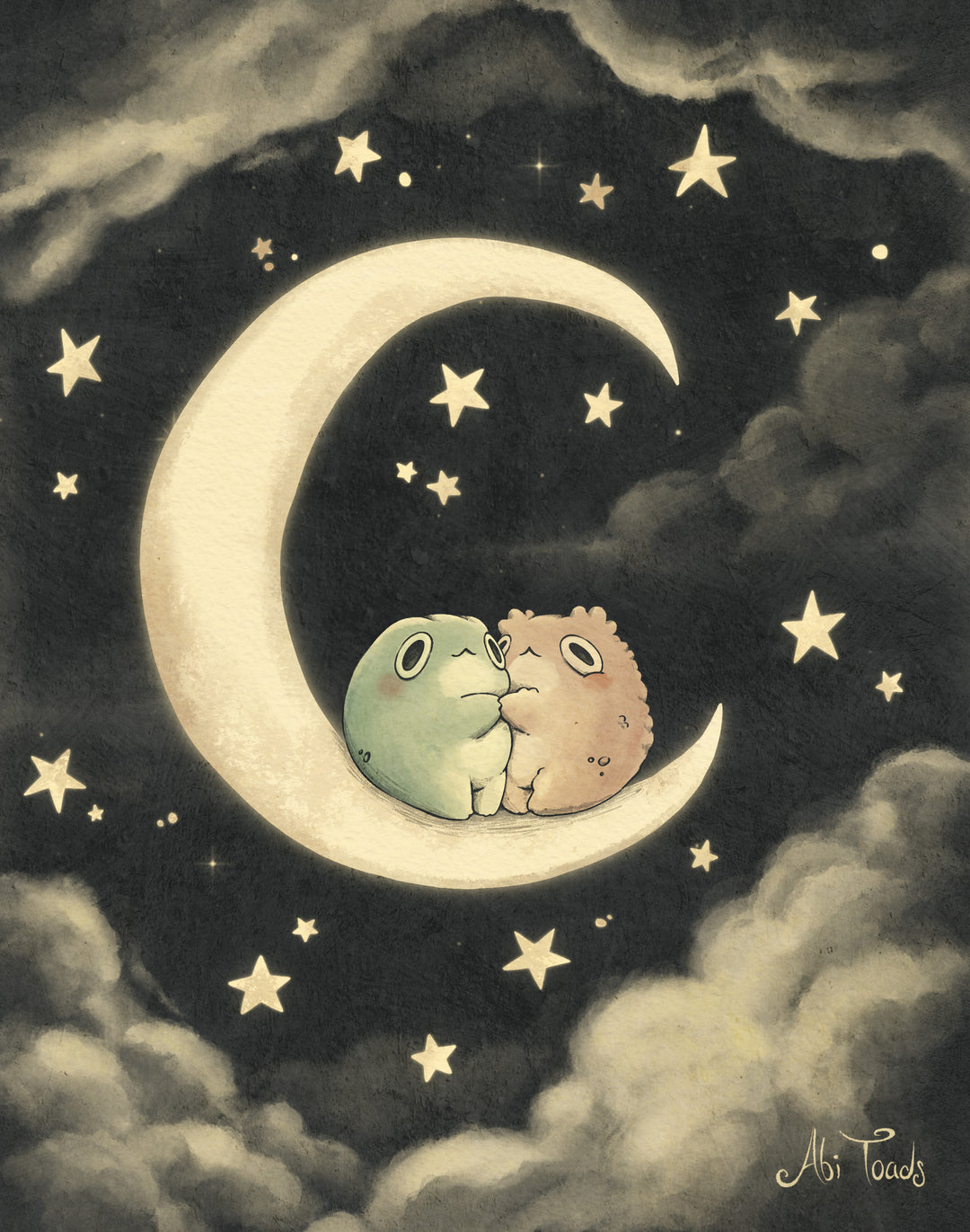 Two frogs sitting on a crescent moon surrounded by stars and clouds.