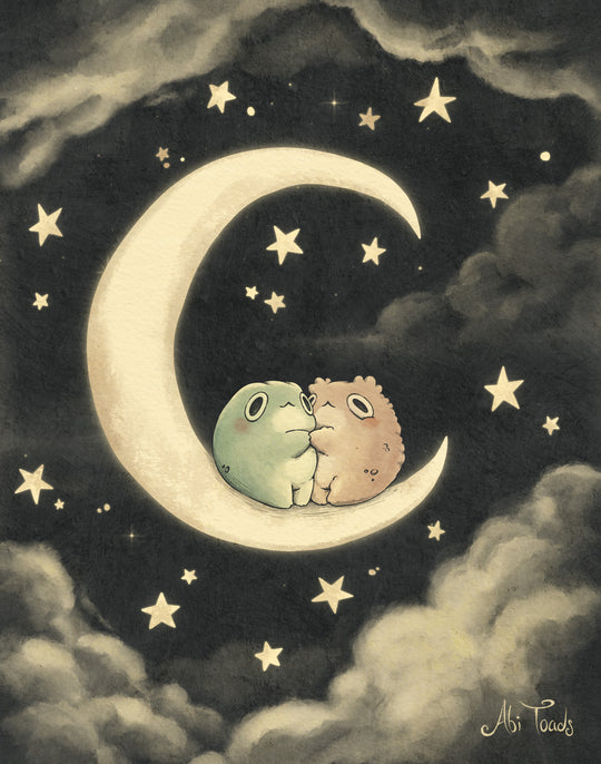 Two frogs sitting on a crescent moon surrounded by stars and clouds.