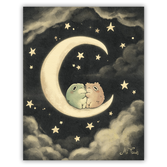 Two frogs sitting on a crescent moon surrounded by stars and clouds.