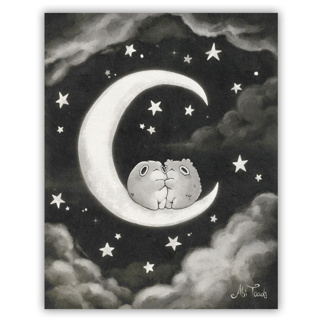 Two frogs sitting on a crescent moon surrounded by stars and clouds in black and white