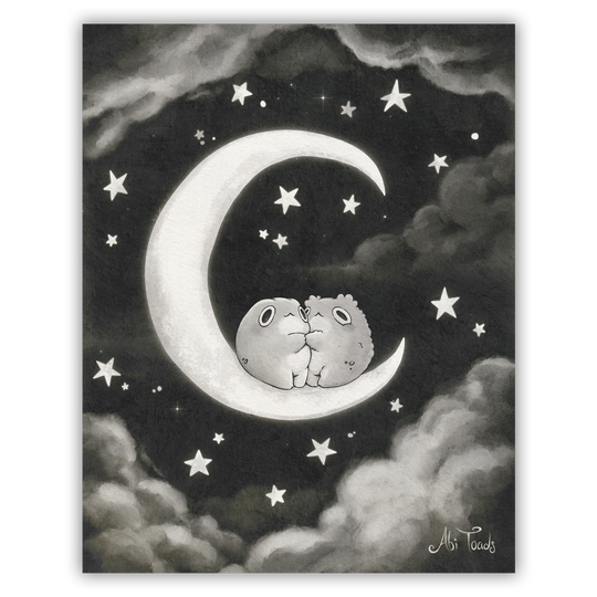 Two frogs sitting on a crescent moon surrounded by stars and clouds in black and white