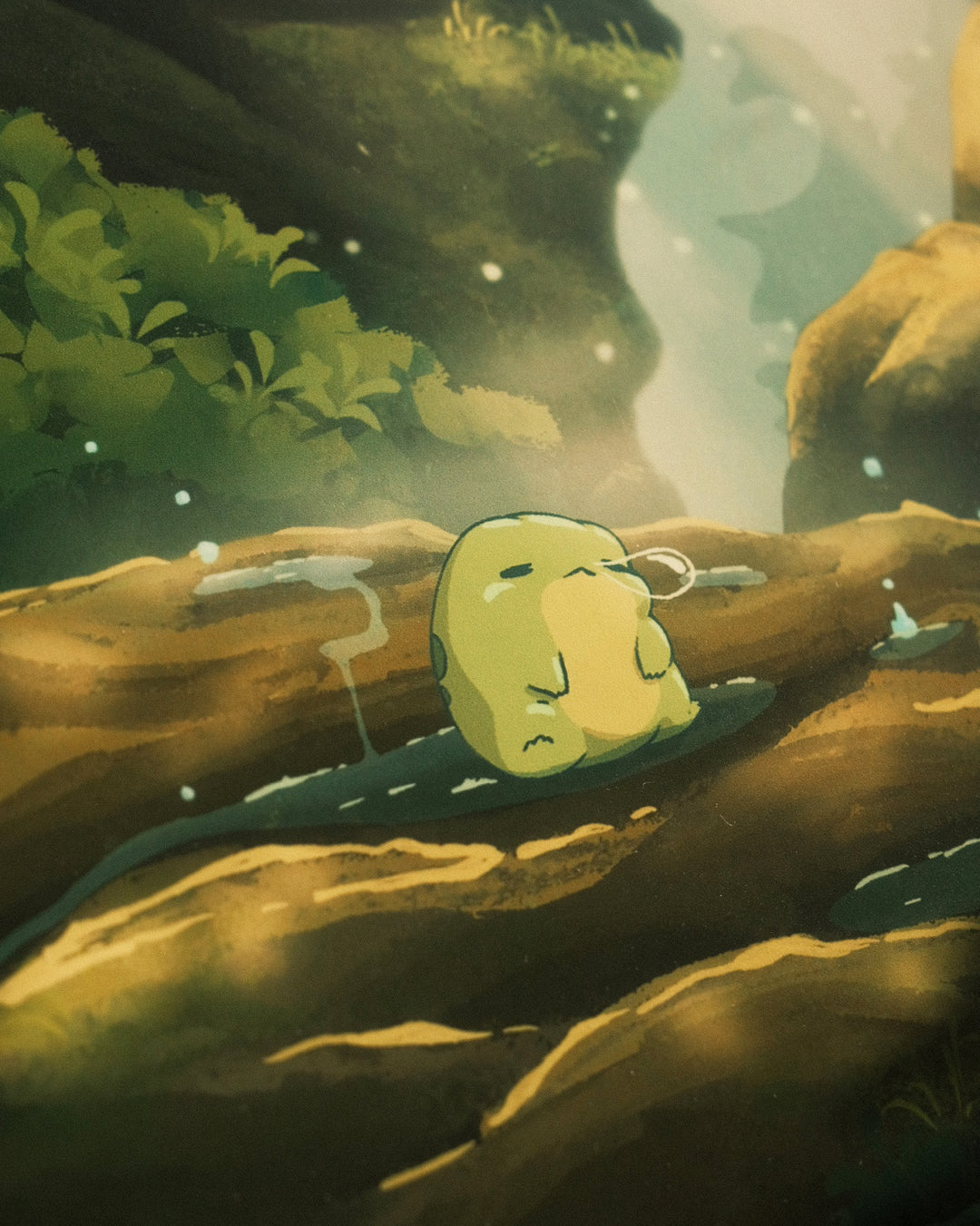 sleeping frog lying on a rock in a forest setting