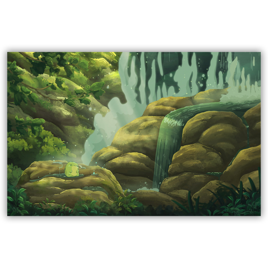 Illustration of a lush forest with a waterfall and misty atmosphere.